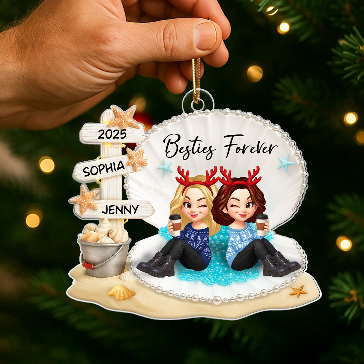 Besties Sitting in Shell - Personalized Acrylic Ornament - Christmas Gift for Best Friends