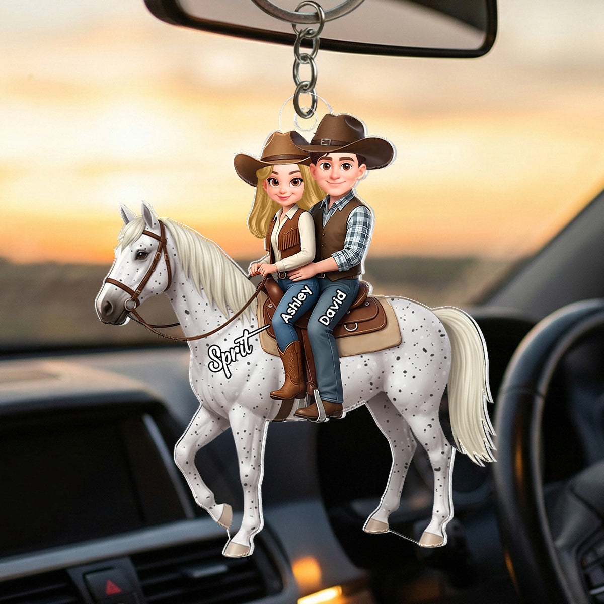 3D Effect Couple And Their Horse - Personalized Acrylic Car Hanger - Valentine's Gift For Couple, For Horse Lovers