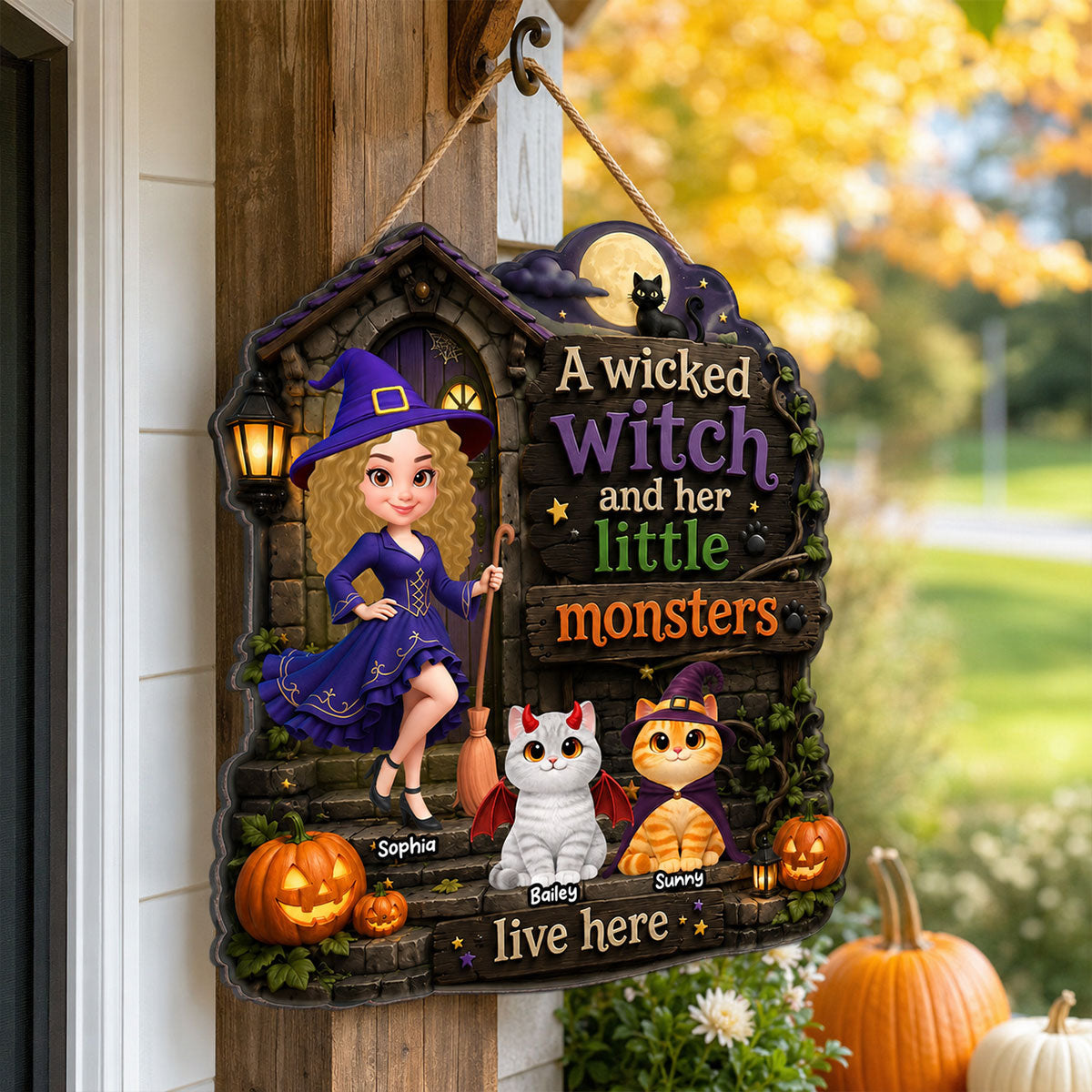 Mysterious Wicked Witch And Little Monsters Cats - Personalized Wood Sign - Halloween Gift For Cat Lovers, Halloween Decor
