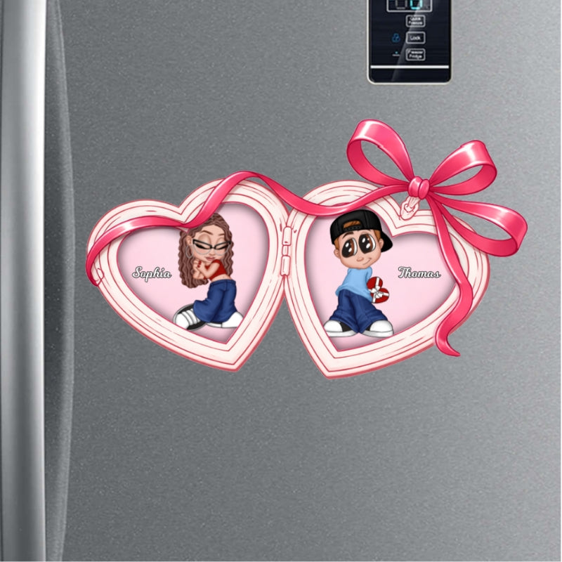 Y2K Couple Custom Coquette Heart Locket - Personalized Acrylic Fridge Magnet - Gift For Her, Gift For Him