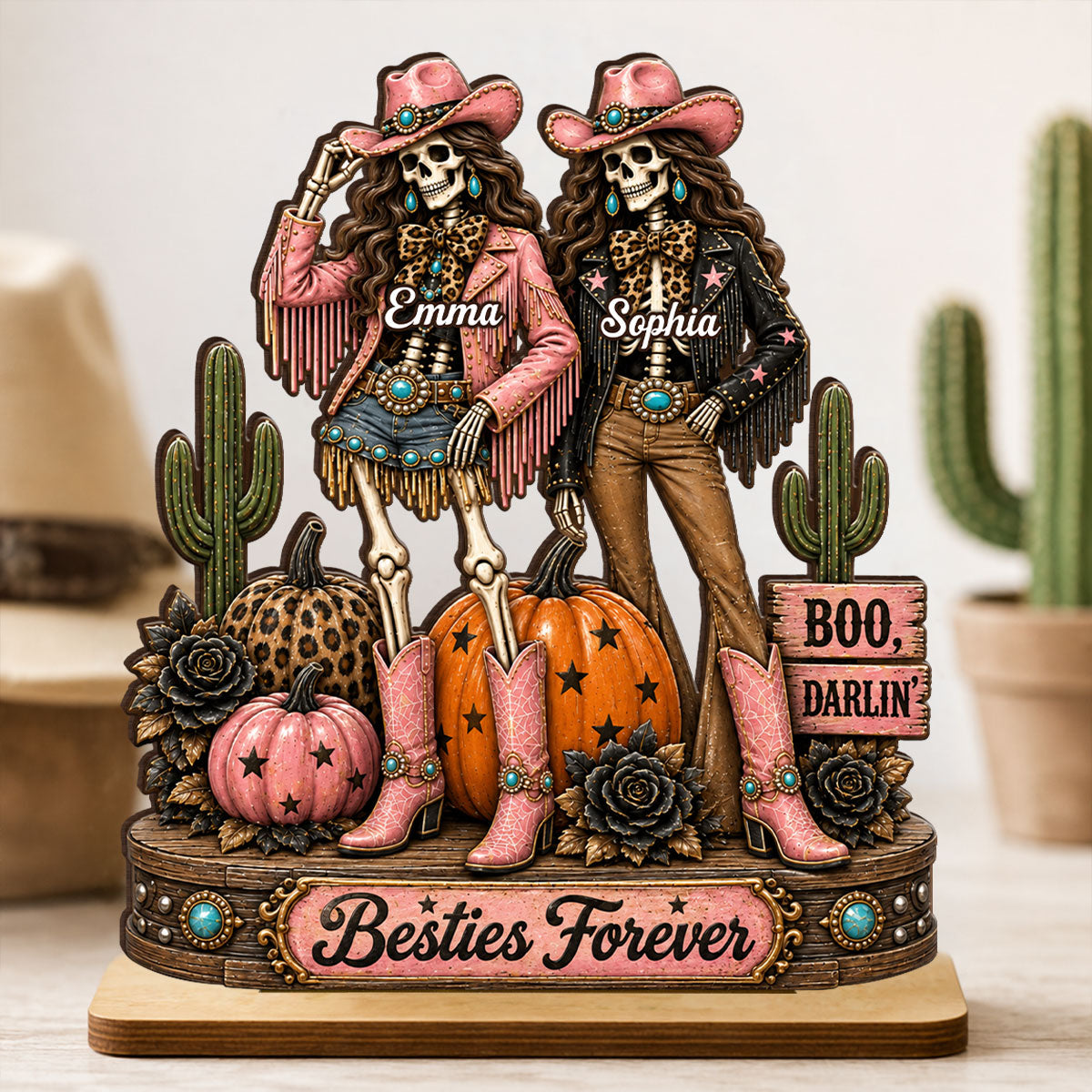 Western Halloween Skeleton Cowgirls - Personalized 2-Layered Wooden Plaque - Halloween Decor Gift, Gift For Besties