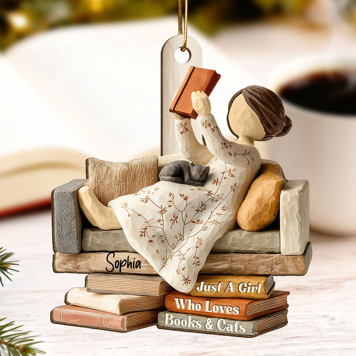 Life Is Better With Books & Cats 3D Effect - Personalized Wooden Ornament - Christmas Gift For Book Lover, Bookworm