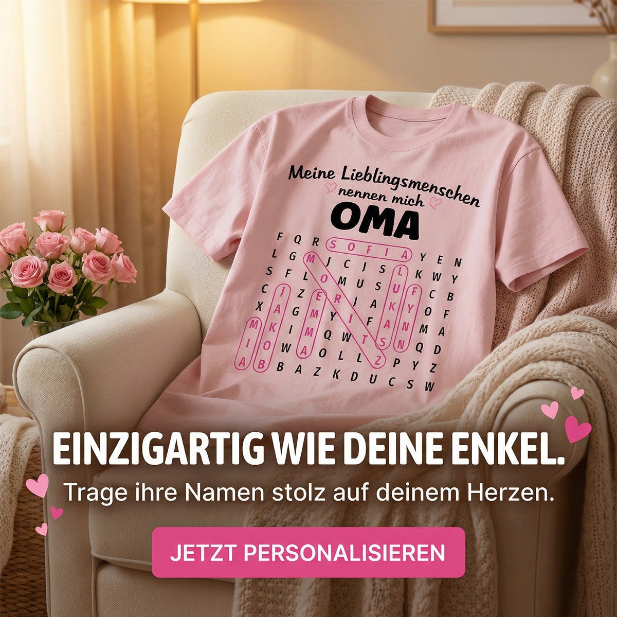 Meine Lieblingsmenschen nennen mich Oma Wortsuchrätsel – Personalisiertes Shirt – Geschenk für Oma