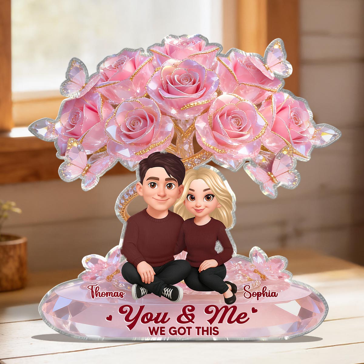 Eternal Love Pink Roses Couple Together - Personalized Acrylic Block Plaque - Valentine's Day Gift For Couple, Gift For Her, For Him