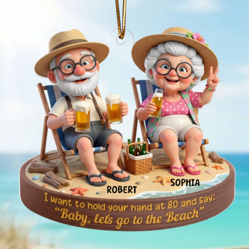 3D Effect Old Couple Baby Let's Go to the Beach  - Personalized Acrylic Car Hanger - Sentimental Gift for him, for her