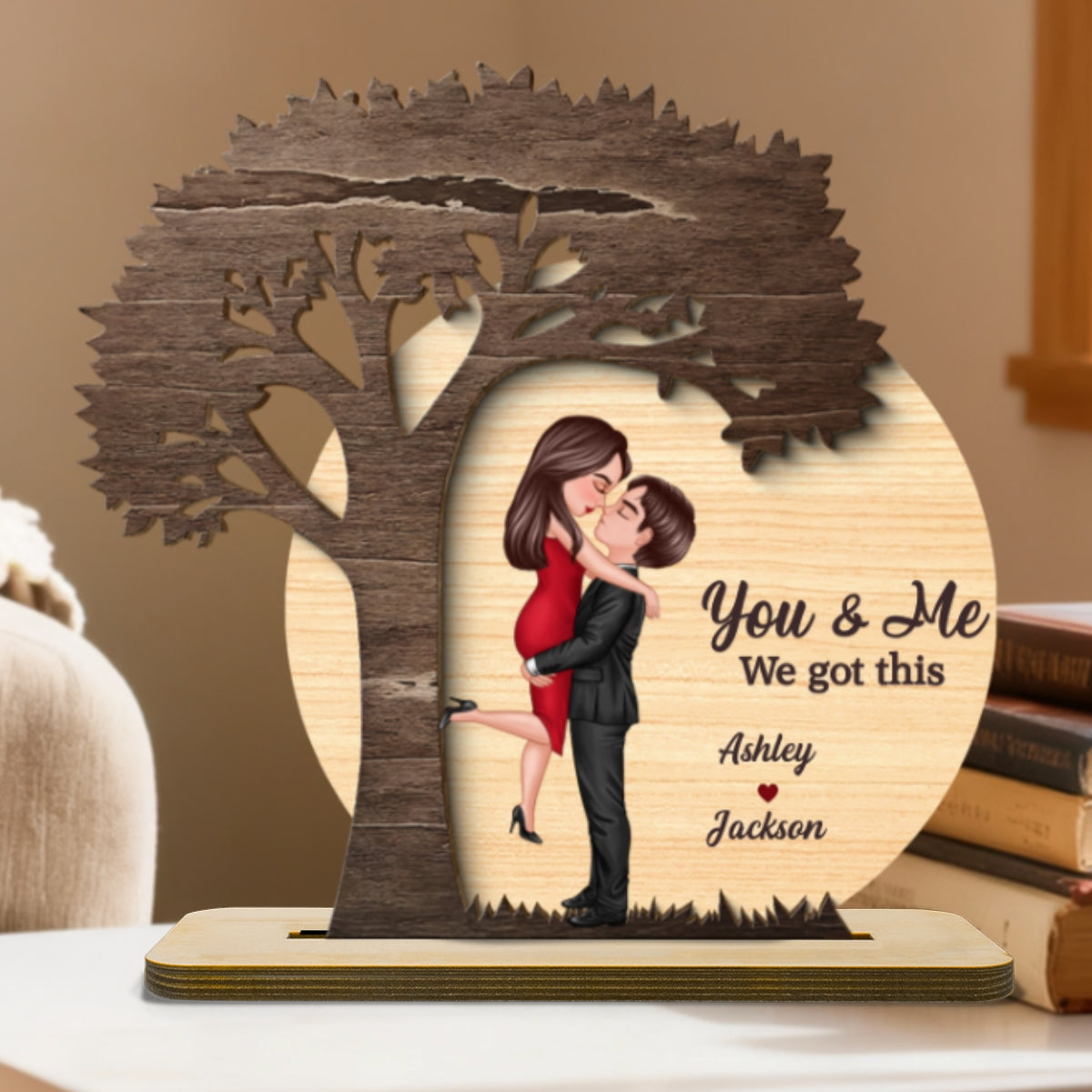 Couple Hugging Kissing Under Tree Moon Rustic - Personalized 2-Layer Wooden Plaque - Valentine's Day, Anniversary Gift For Him, For Her
