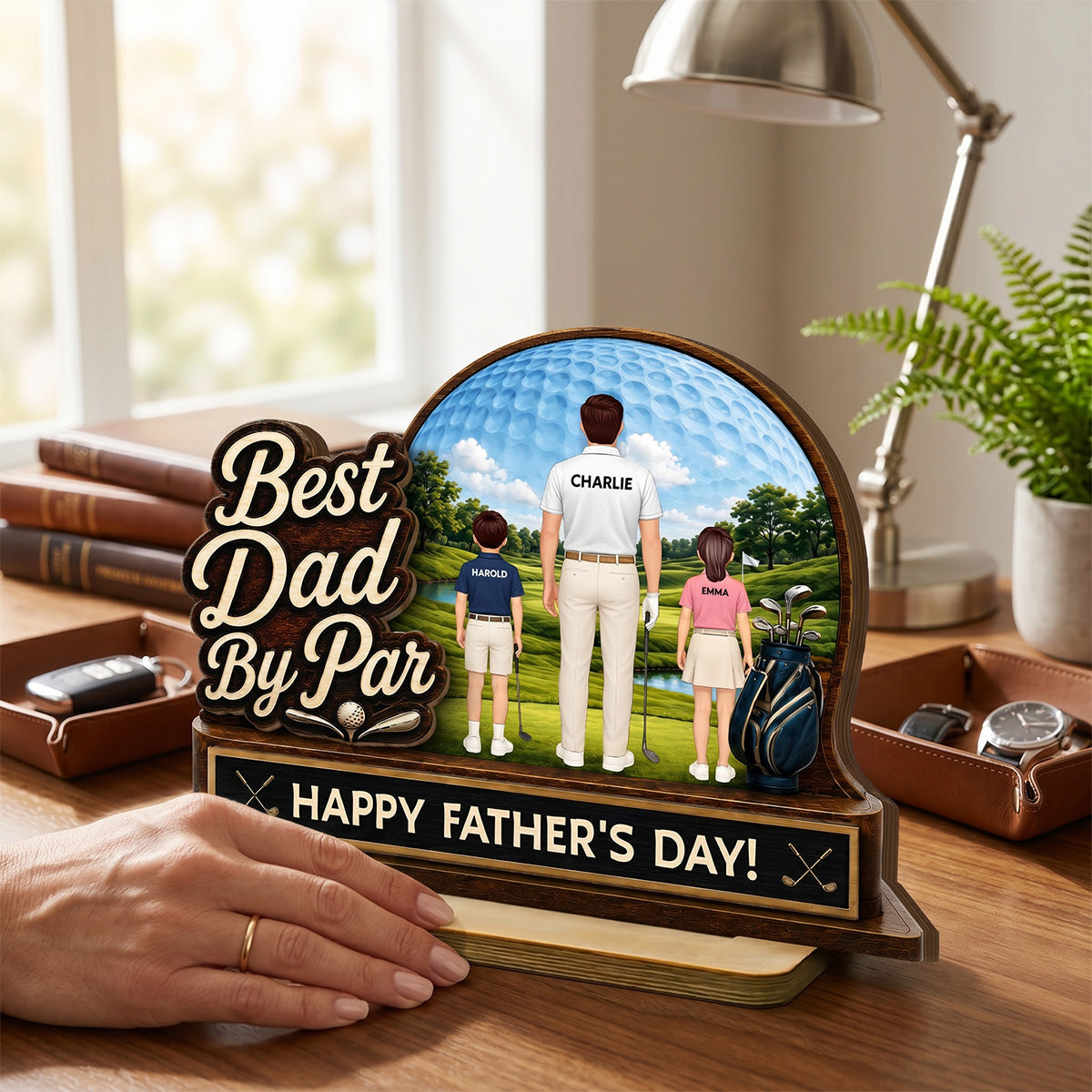 Best Dad By Par Custom Man & Kids Back View - Personalized 2-Layered Wooden Plaque -  Gift For Golf Dad