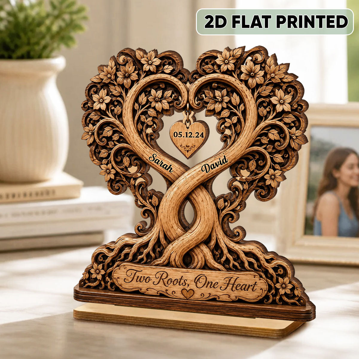 Two Roots One Heart Couple - Personalized 2-Layered Wooden Plaque - Heartfelt Anniversary Gift for Her, for Him