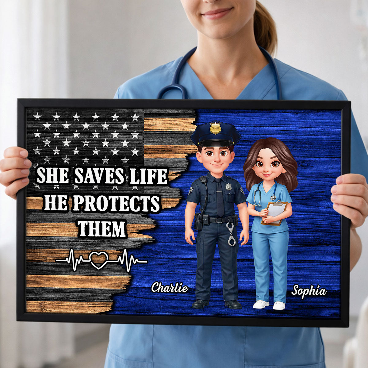 Custom Hero Couple Occupation Nation Flag - Personalized Poster - Heartfelt Gift for Him, for Her
