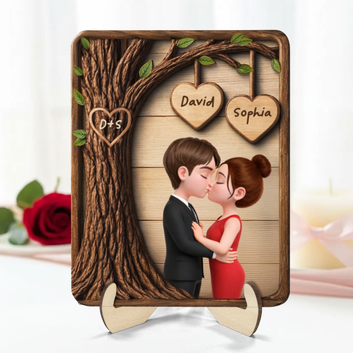 Couple Kissing Under Tree - Personalized 2-Layered Wooden Plaque - Sentimental Valentine's Day Gift for Her, for Him