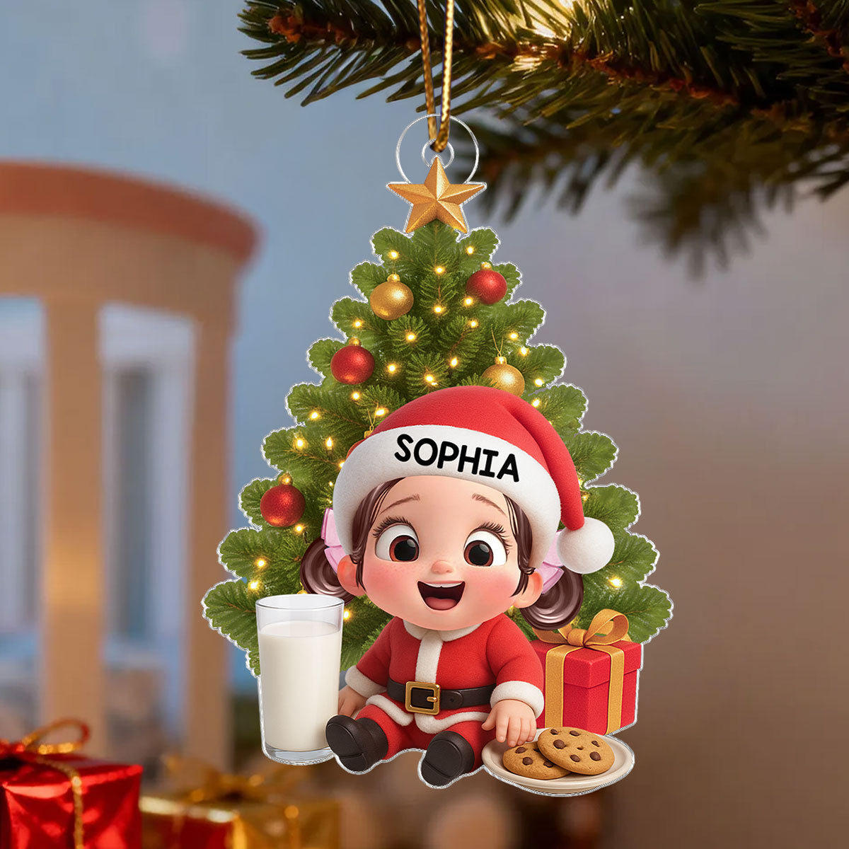 Little Kid with Milk and Cookies - Personalized Acrylic Ornament - Unique Christmas Gift For Kid, Grandkids