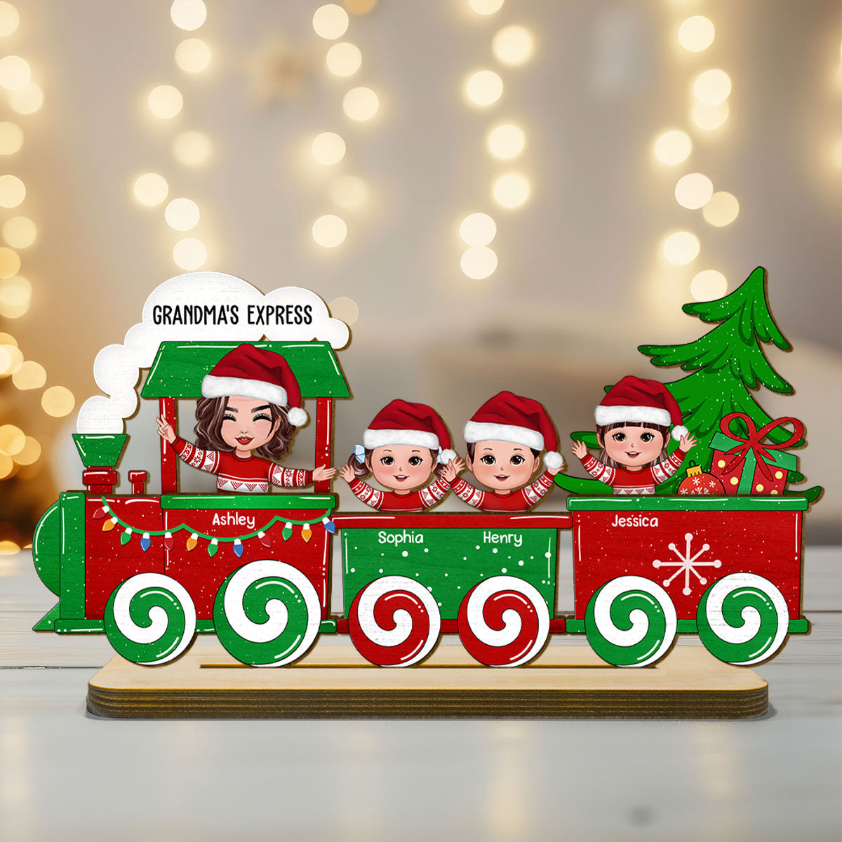 Cute Kids On Christmas Train Personalized 2-Layer Standing Wooden Plaque