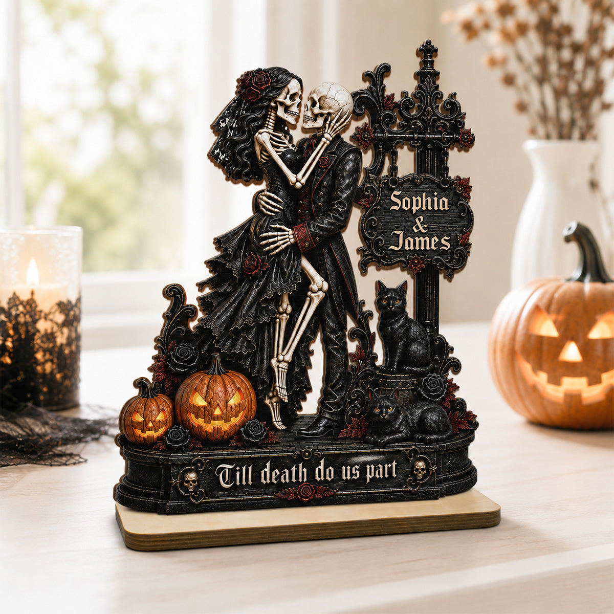 Skeleton Couple Kissing Under Sign Post 2D Flat - Personalized 2-Layered Wooden Plaque - Halloween Decor For Couple
