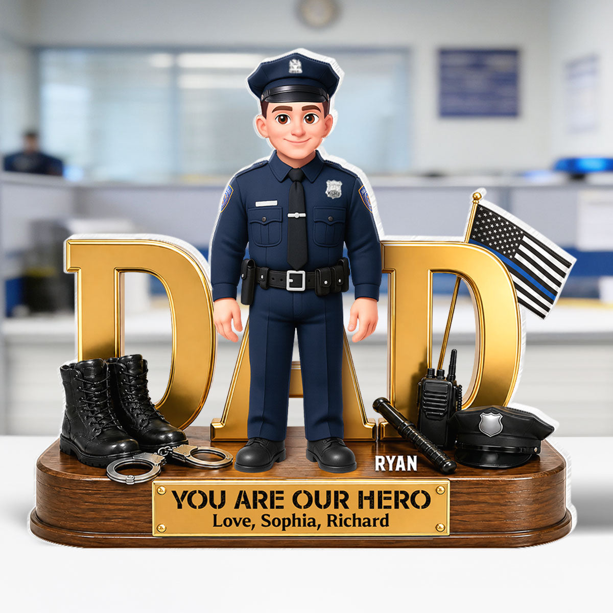 Proud American Police Dad You Are Our Hero Thin Blue Line 2D Flat - Personalized Acrylic Block Plaque -  Gift For Dad