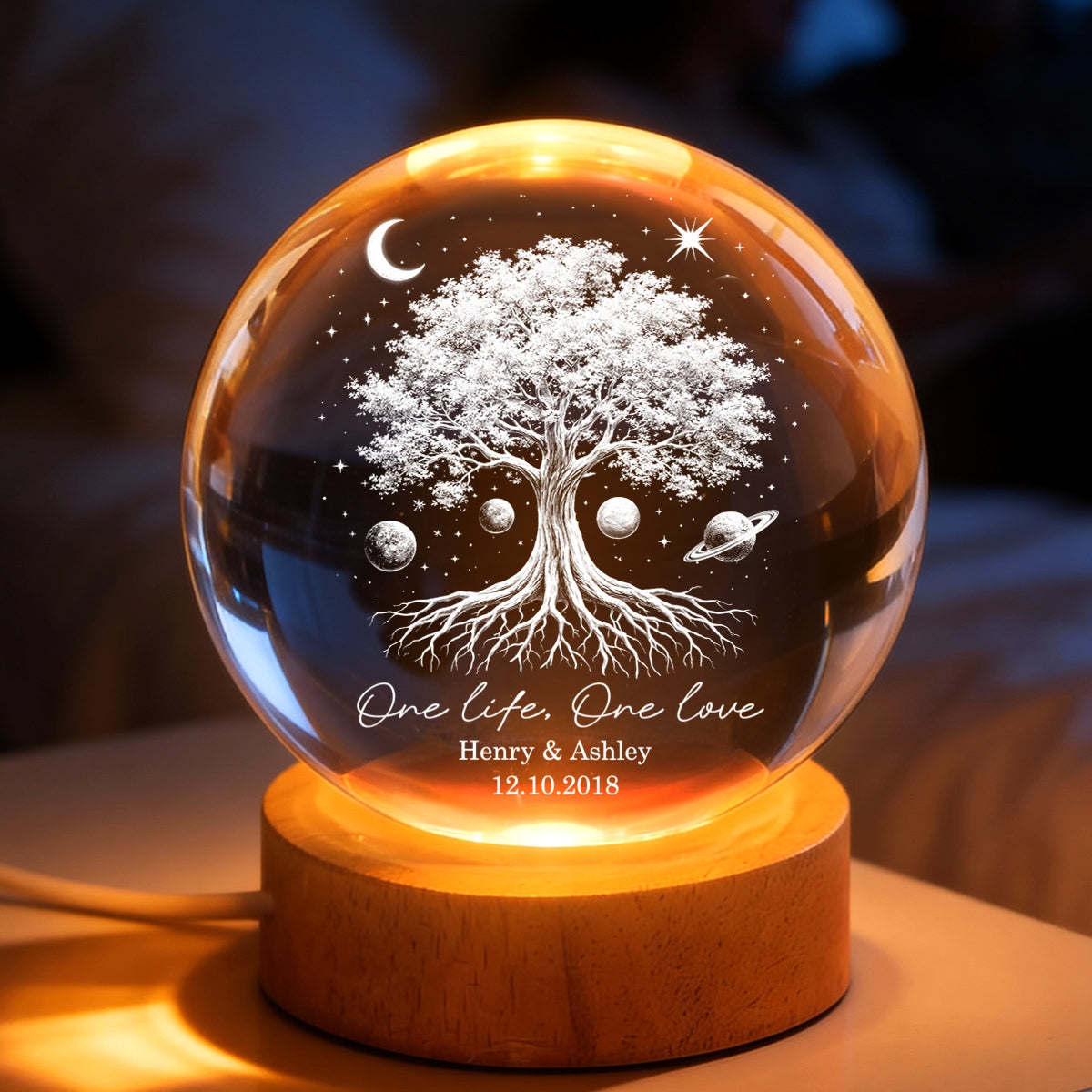 One Life One Love Couple Tree of Life - Personalized Crystal Ball LED Night Light - Sentimental Gift for Her, for Him, Couple Keepsake