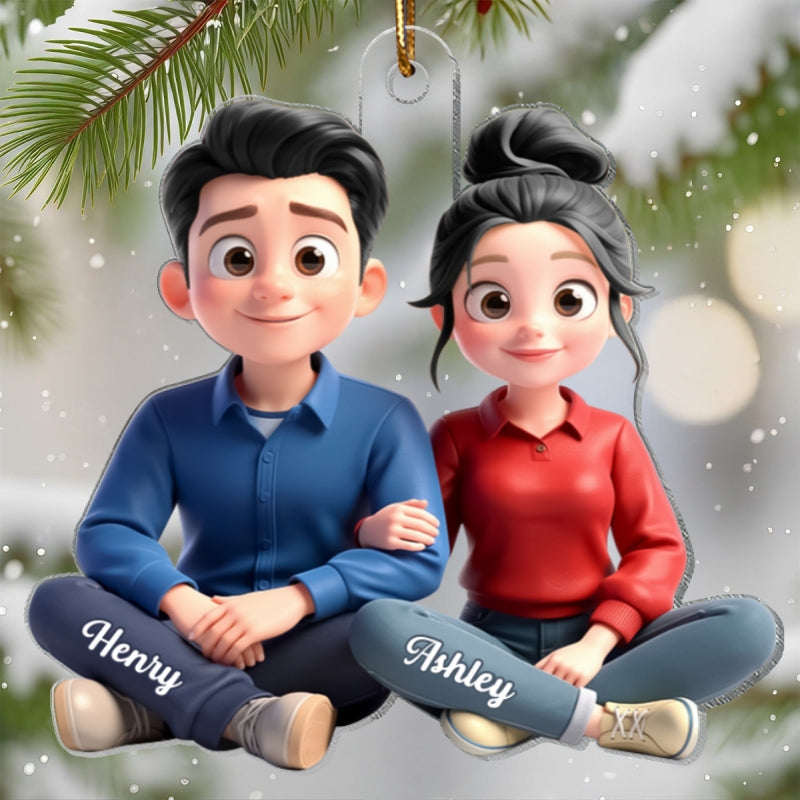 Cartoon Couple Sitting Together - Personalized Acrylic Ornament - Christmas Gift for him, Gift for her
