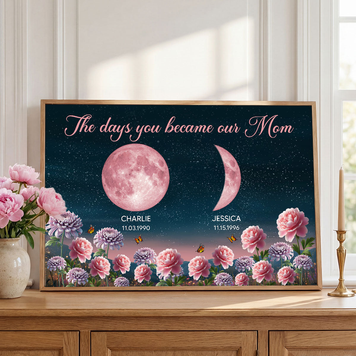 Birth Month Flowers The Day You Become Mum Grandma Custom Birth Moon Phase - Personalised Poster, Mother's Day Gift For Mum, Grandma
