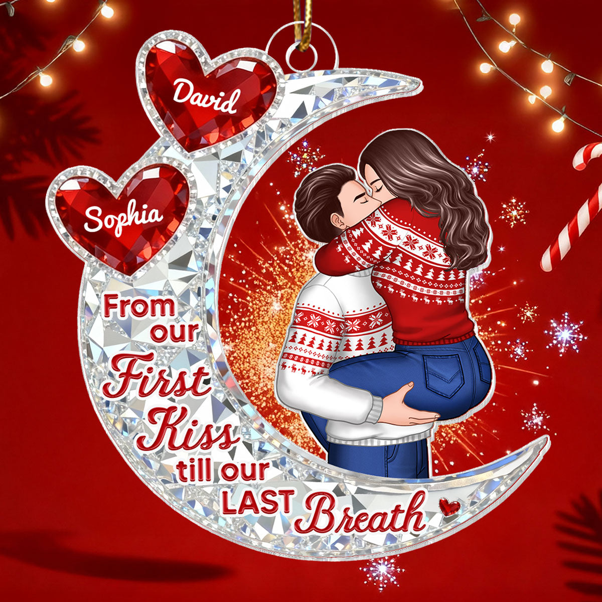 3D Effect Flat Moon Couple Hugging Kissing - Personalized Acrylic Ornament - Gift For Couple, Gift For Him, For Her