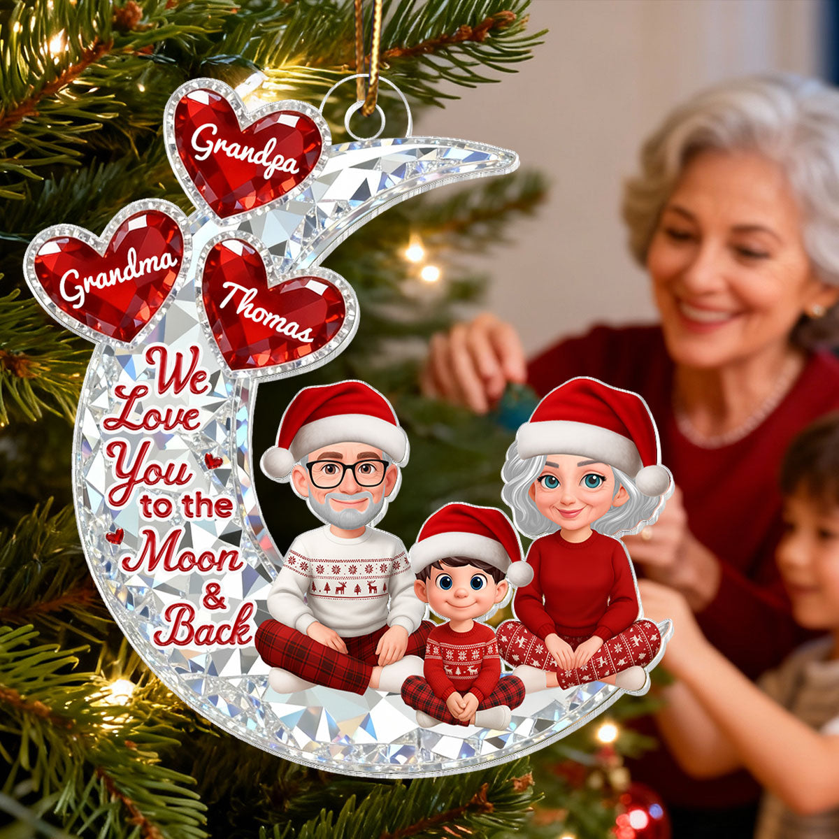 3D Effect Flat Moon Grandpa Grandma Grandkid Love You To The Moon And Back - Personalized Acrylic Ornament - Christmas Gift For All Grandkids