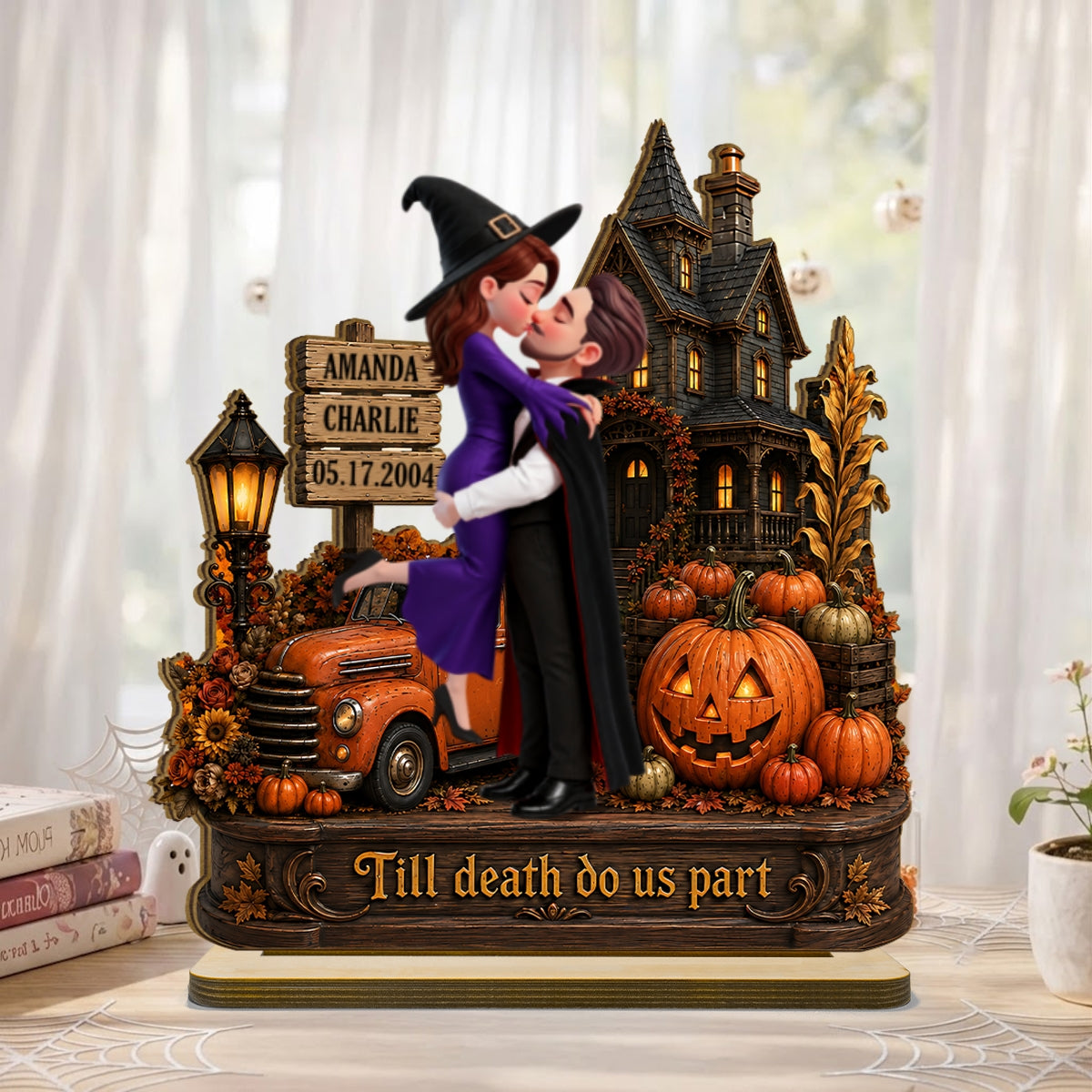 Couple Halloween Haunted House - Personalized 2-Layered Wooden Plaque - Halloween Decor Keepsake for Her, for Him