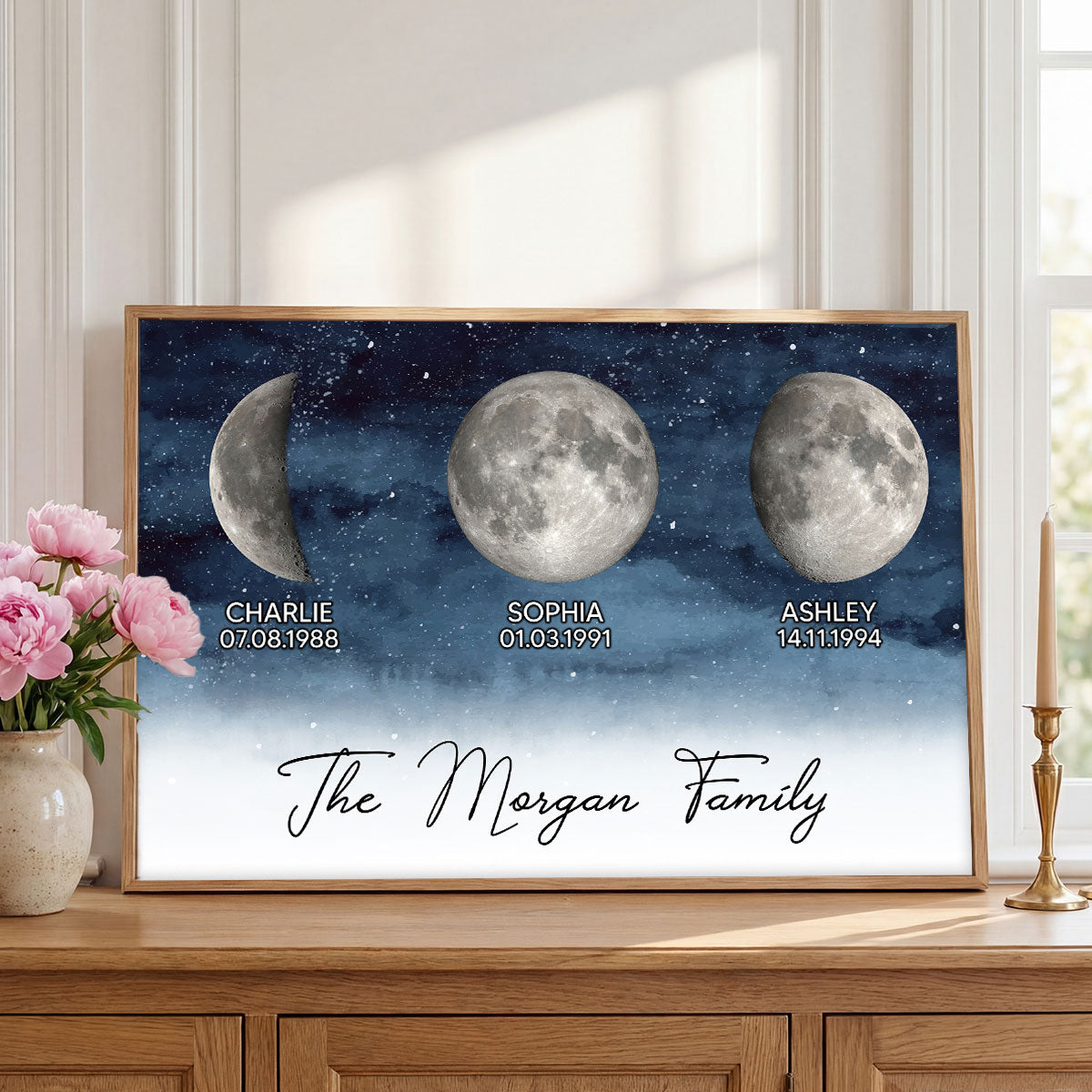 Starry Night Family Love Custom Birth Moon Phase - Personalized Poster - Gift For Mom, Dad
