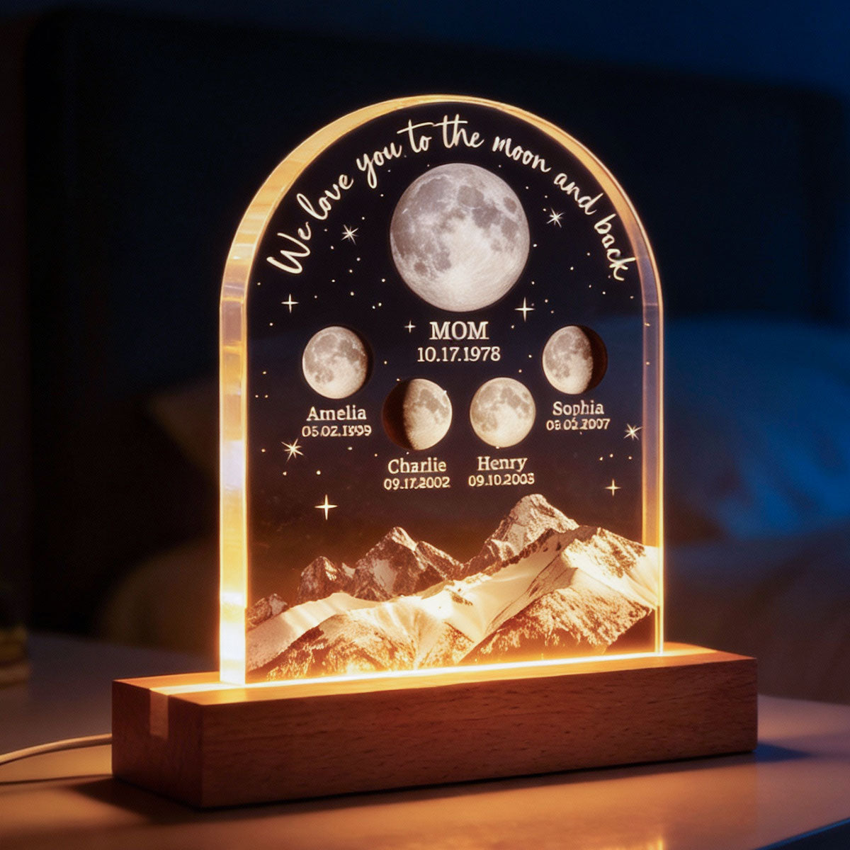 We Love You to the Moon and Back Custom Moon Phase by Date - Personalized Acrylic Block LED Night Light - Gift for Dad, Mom