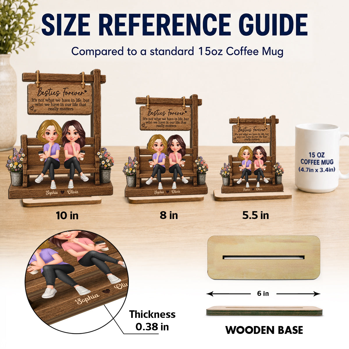 Besties Sitting Under Sign Post 2D Flat - Personalized Wooden Plaque - Friendship Keepsake