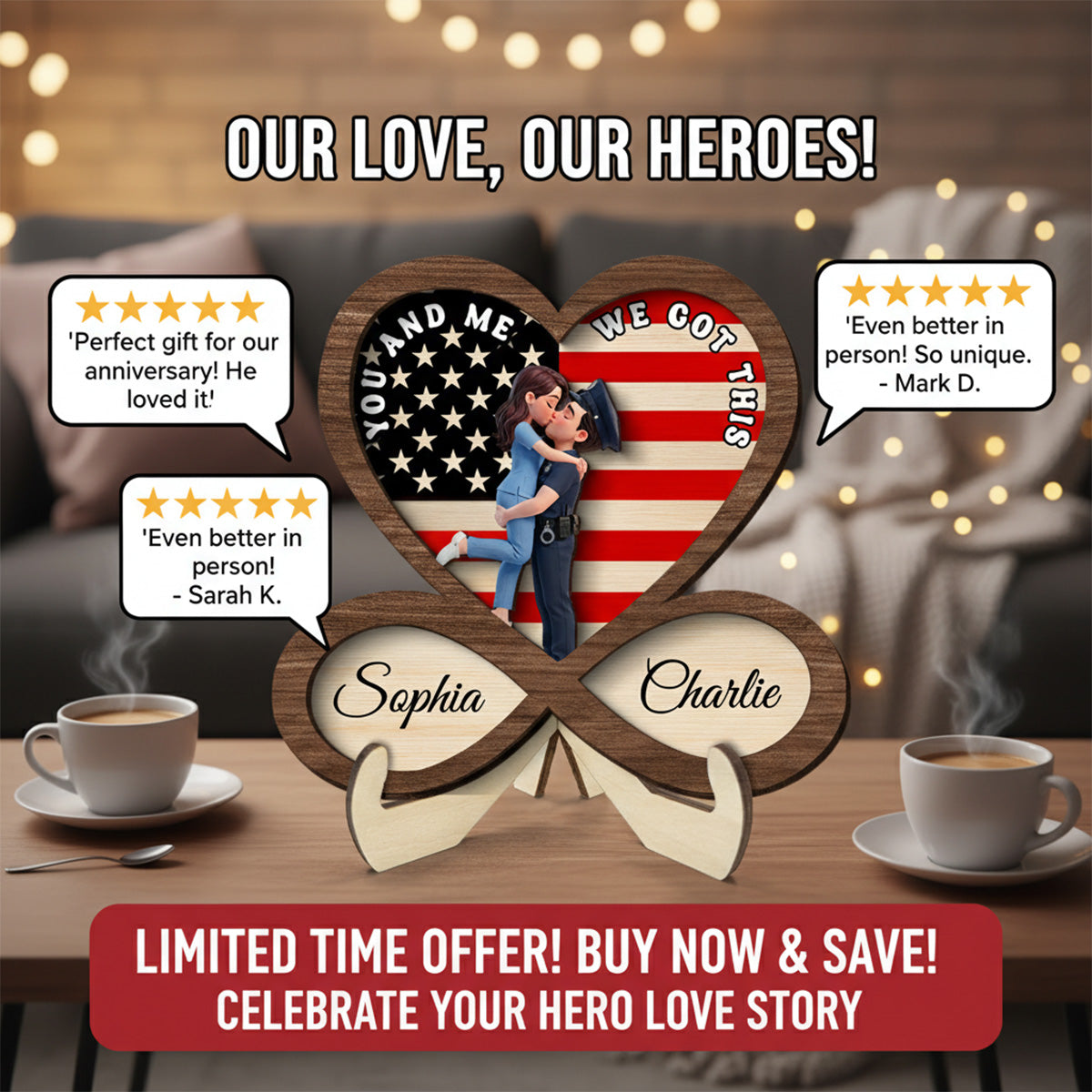 Proud Hero Couple Infinity Nation Flag Heart - Personalized 2-Layered Wooden Plaque - Valentine's Day Gift For Couple, For Him, For Her, Nurse, Police, Firefighter, Army