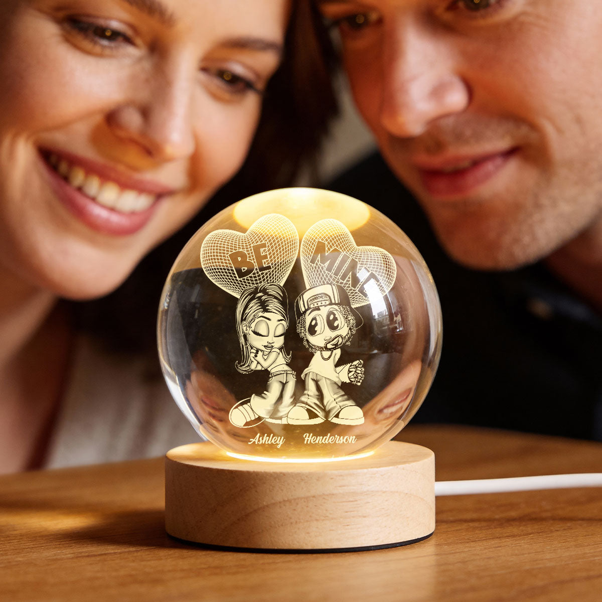 Y2K Couple 3D Illusion Heart - Personalized Crystal Ball LED Night Light - Valentine's Day Gift For Him, For Her