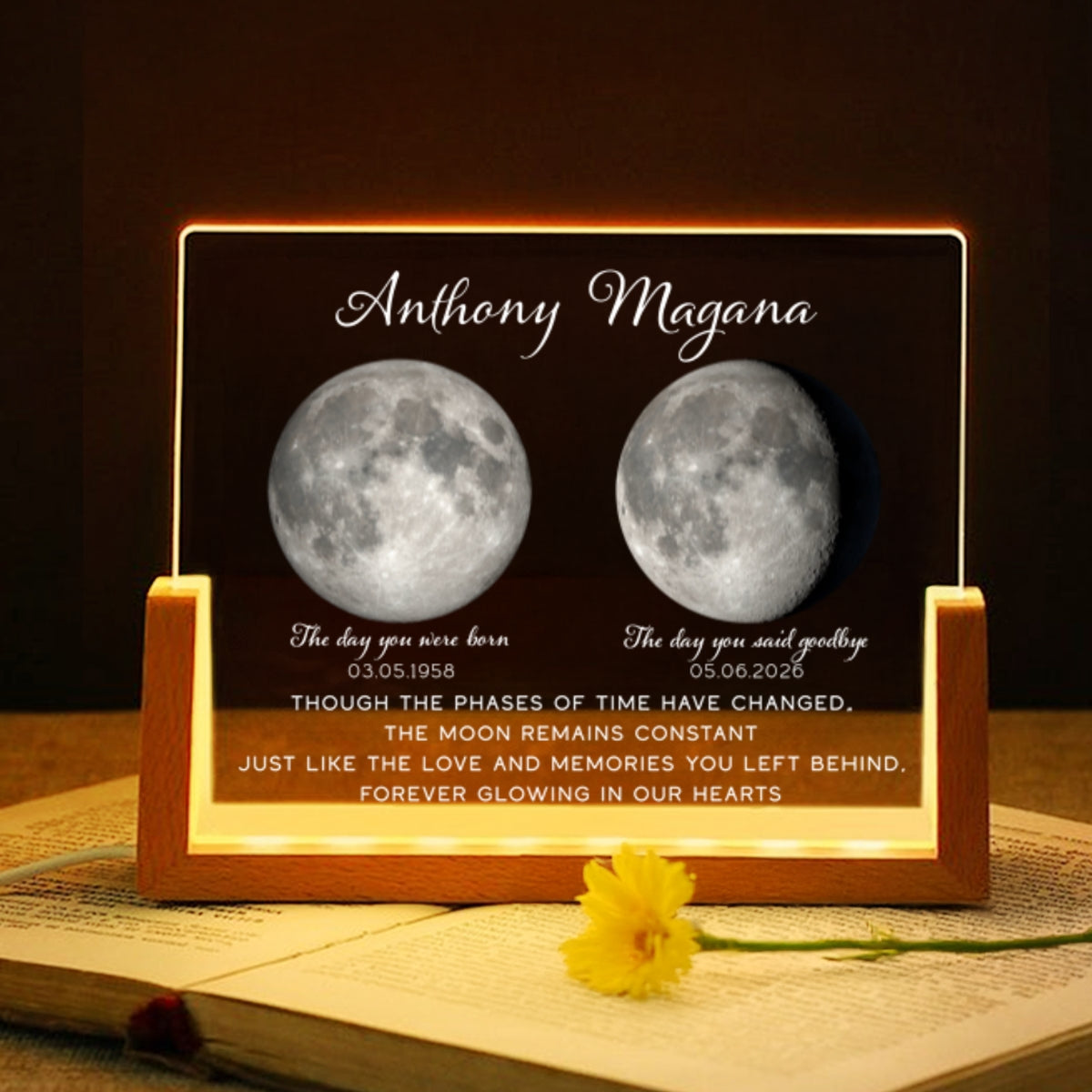 Lost Loved One Moon Phase Art Memorial - Personalized Acrylic LED Night Light - Memorial Gift, Sympathy Gift