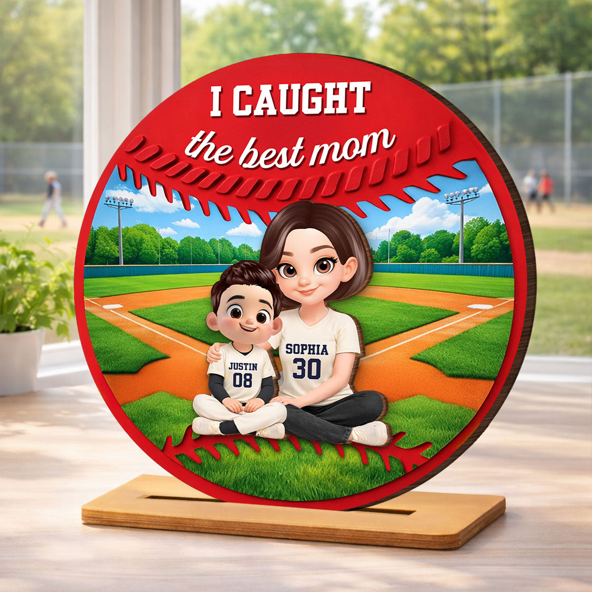 Mom And Kids Baseball Field - Personalized 2-Layered Wooden Plaque - Heartfelt Gift For Baseball Mom, Grandma