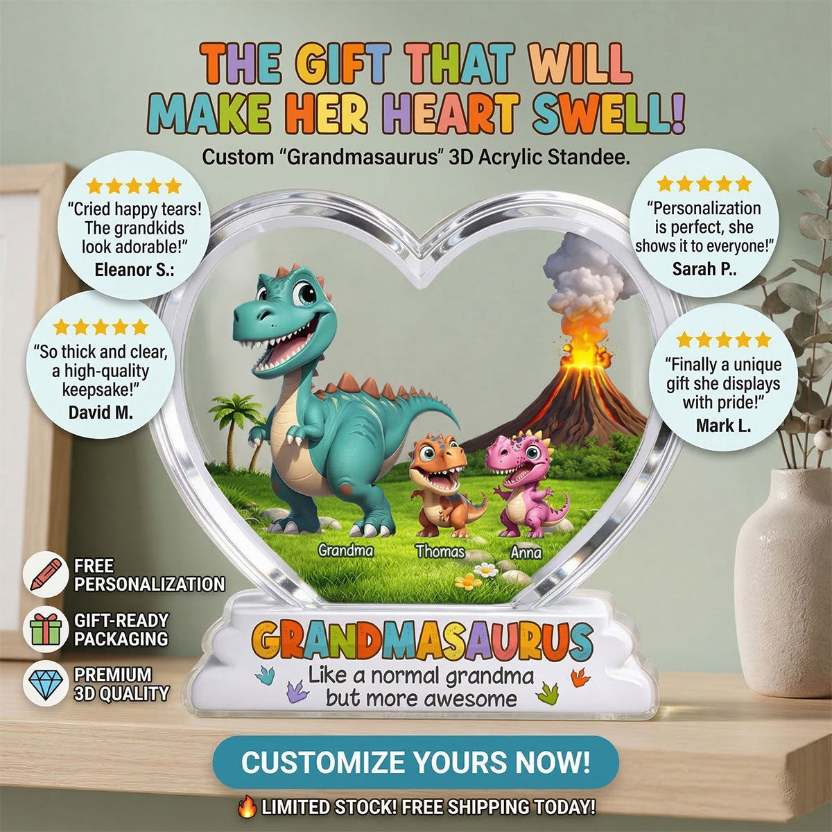 Grandmasaurus And Kids Cartoon Dinosaurs - Personalized Acrylic Block Plaque - Mother's Day Gift For Grandma