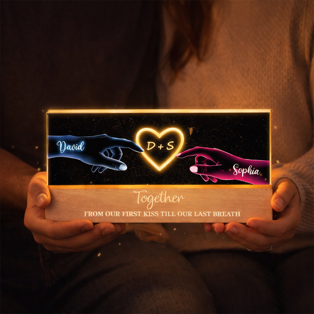 Couple Hands Neon Art - Personalized Acrylic Block LED Night Light - Heartfelt Valentine's Day Gift for Her, for Him
