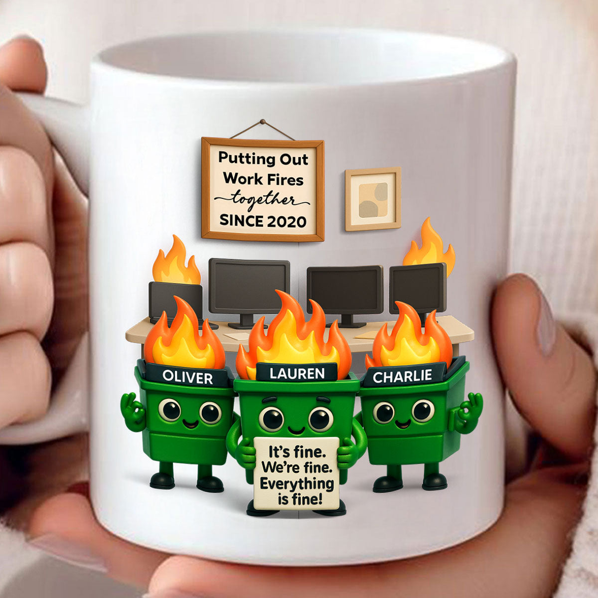 Funny Dumpster Fire Office Chaos - Personalized Mug - Funny Christmas Gift, White Elephant Gift for Coworkers