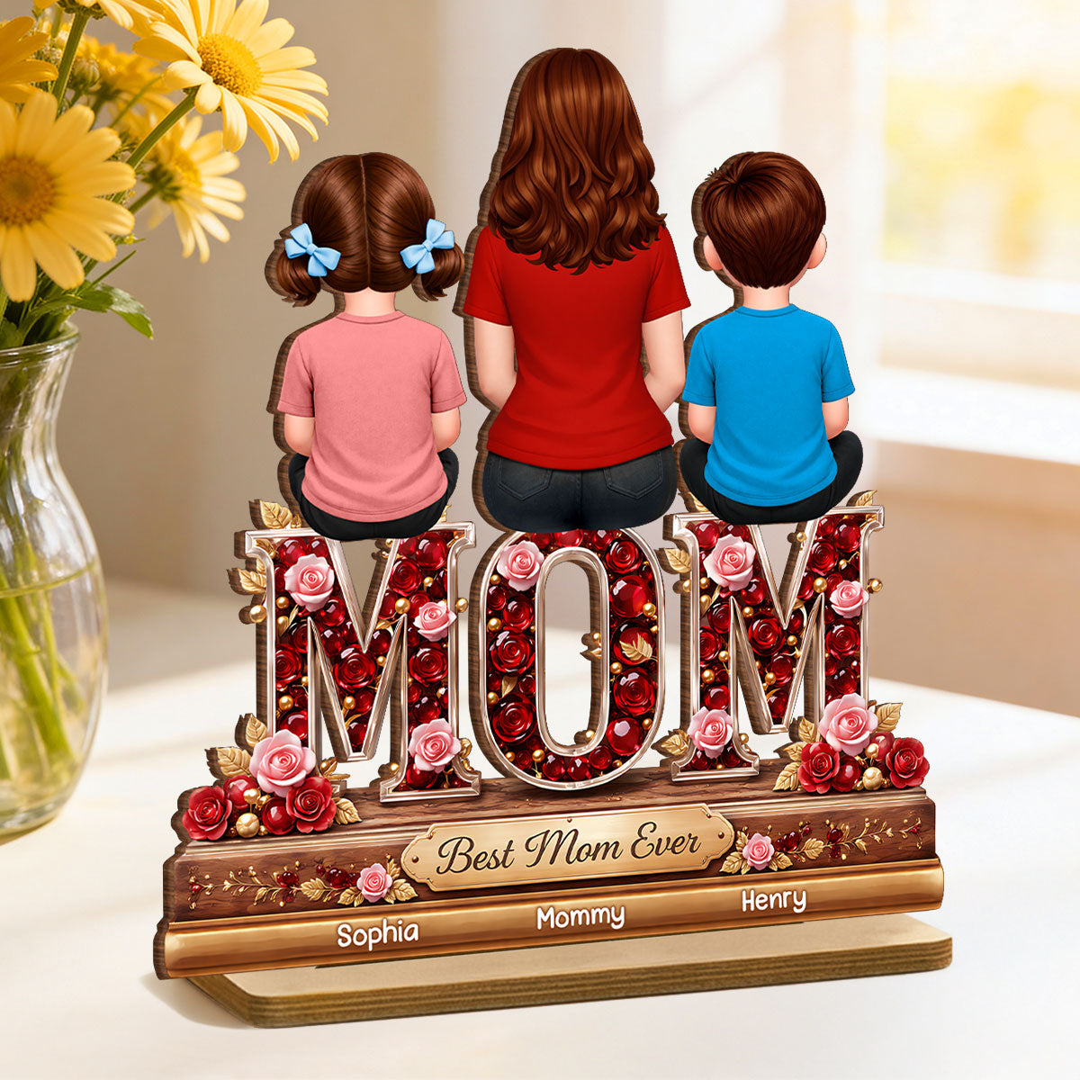 Best Mom Ever Mom Daughters Sons Back View - Personalized 2-Layered Wooden Plaque - Heartfelt Gift For Mom, Grandma