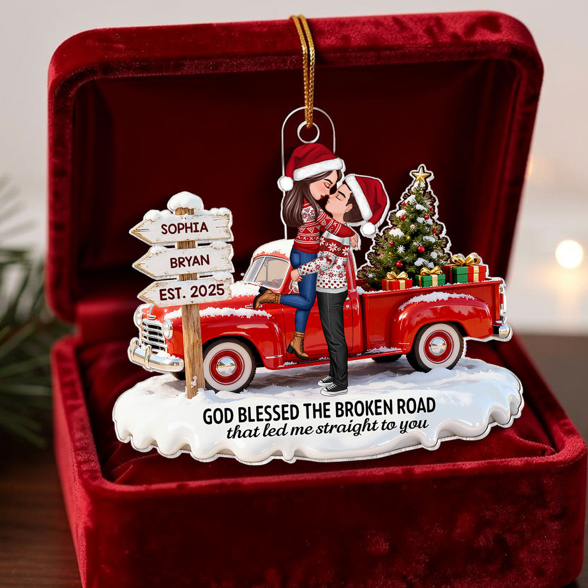 3D Effect Christmas Nostalgia Christmas Truck Couple God Bless The Broken Road - Personalized Acrylic Ornament - Romantic Gift For Couple, Farmhouse Decor