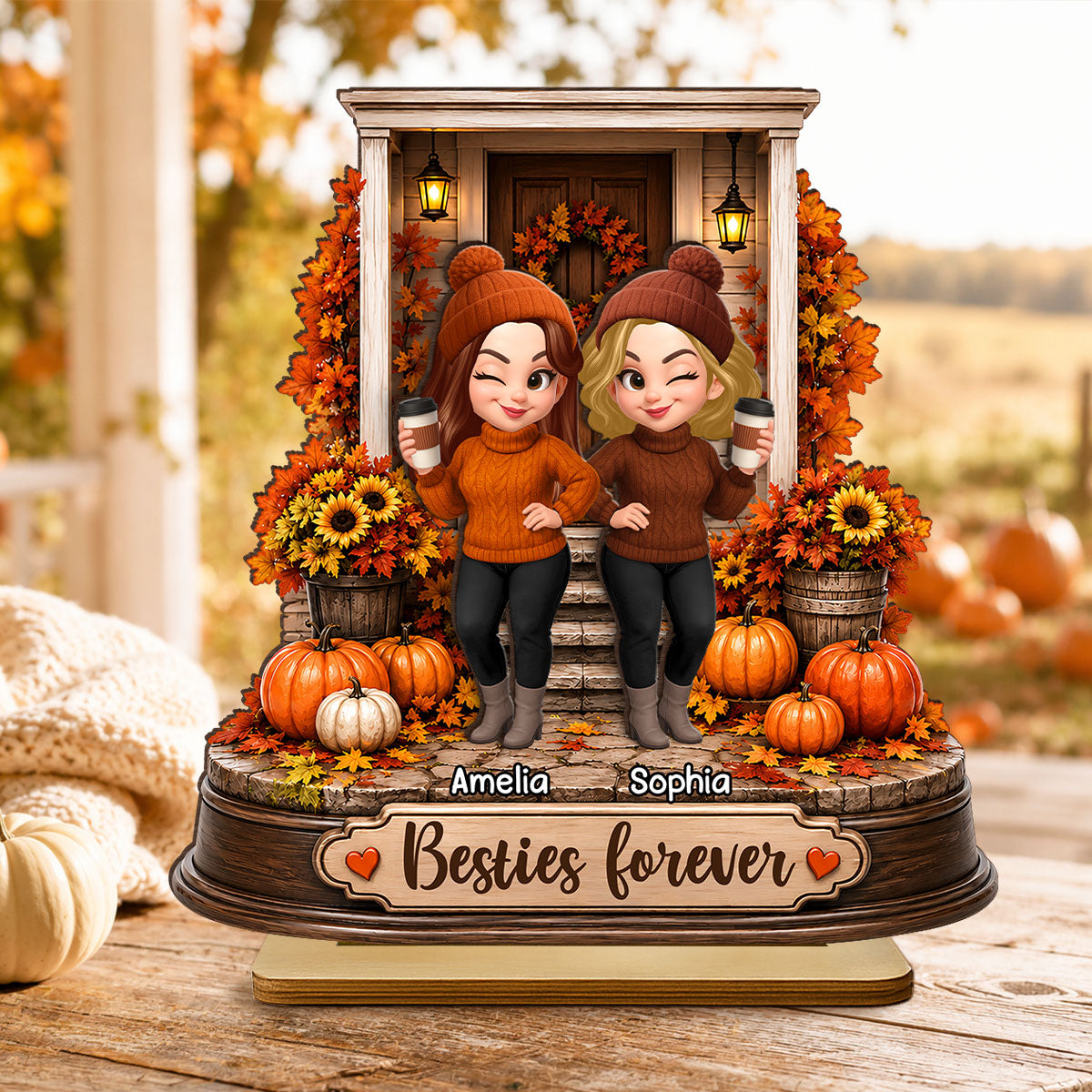 Besties Forever Front Porch Memories - Personalized 2-Layered Wooden Plaque - Fall Season Gift For Besties