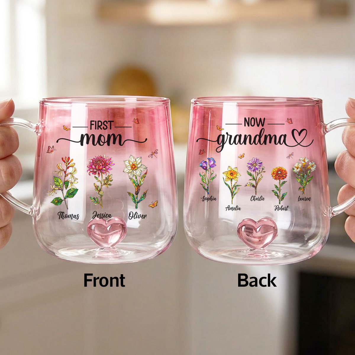 First Mom Now Grandma Custom Birth Flowers - Personalized Glass Mug - Mother's Day Gift for Mom, Grandma
