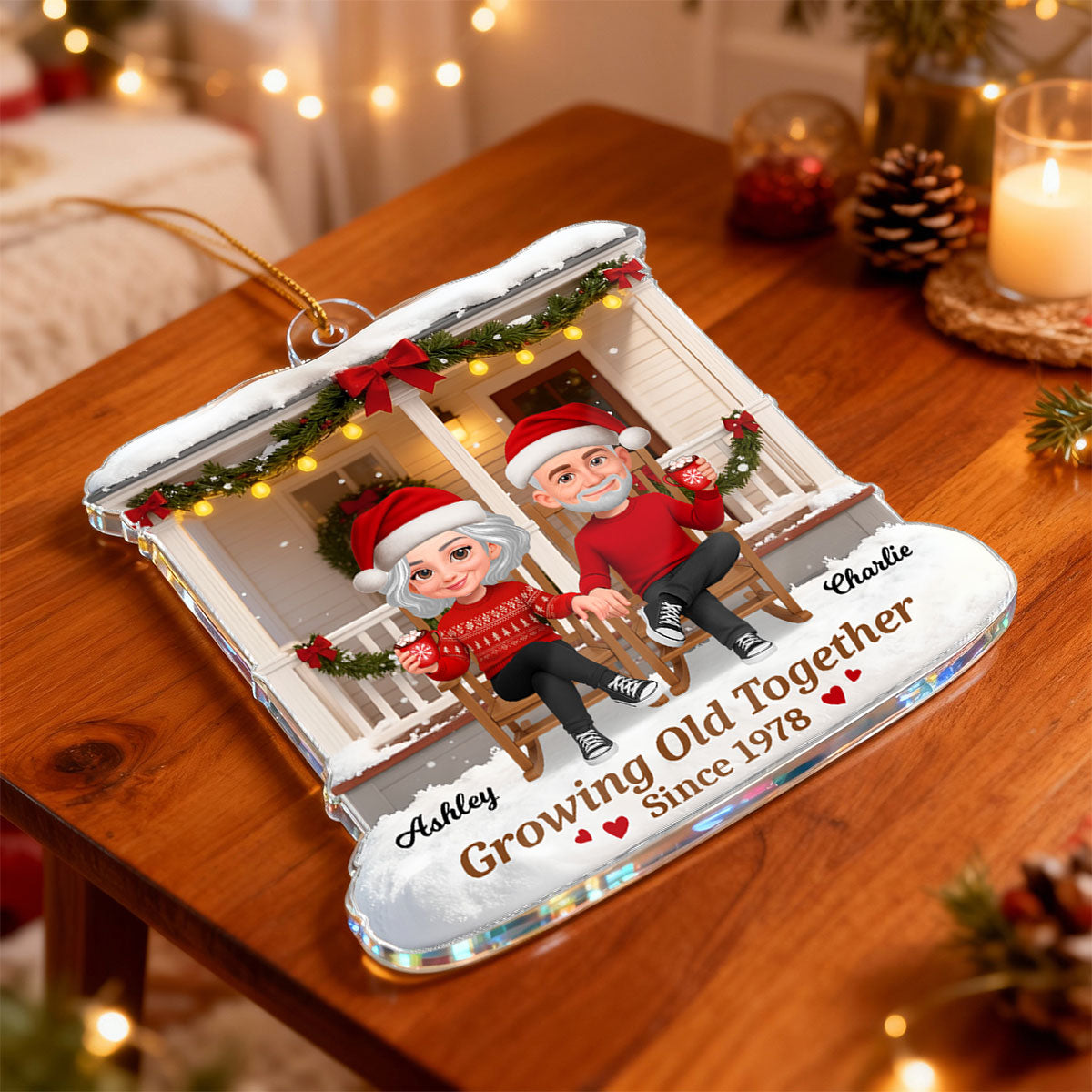 3D Effect Christmas Couple Sitting On Front Porch - Personalized Acrylic Ornament - Heartfelt Gift For Couple