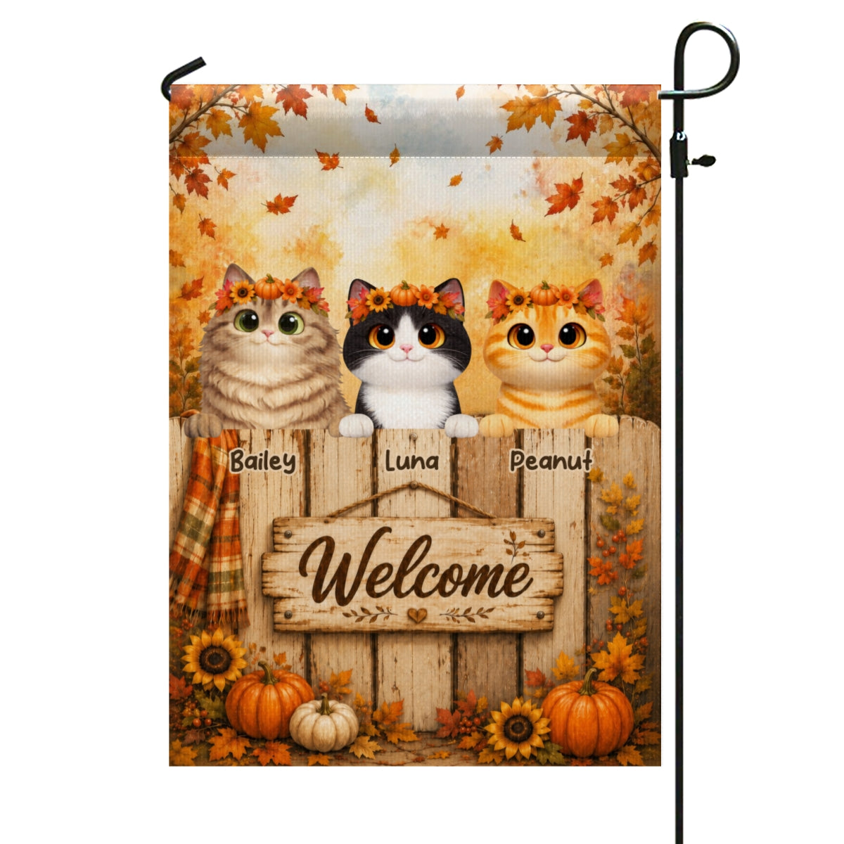 Cozy Fall Welcome Cats Peeking On Fence - Personalized Garden Flag - Fall Season Decoration