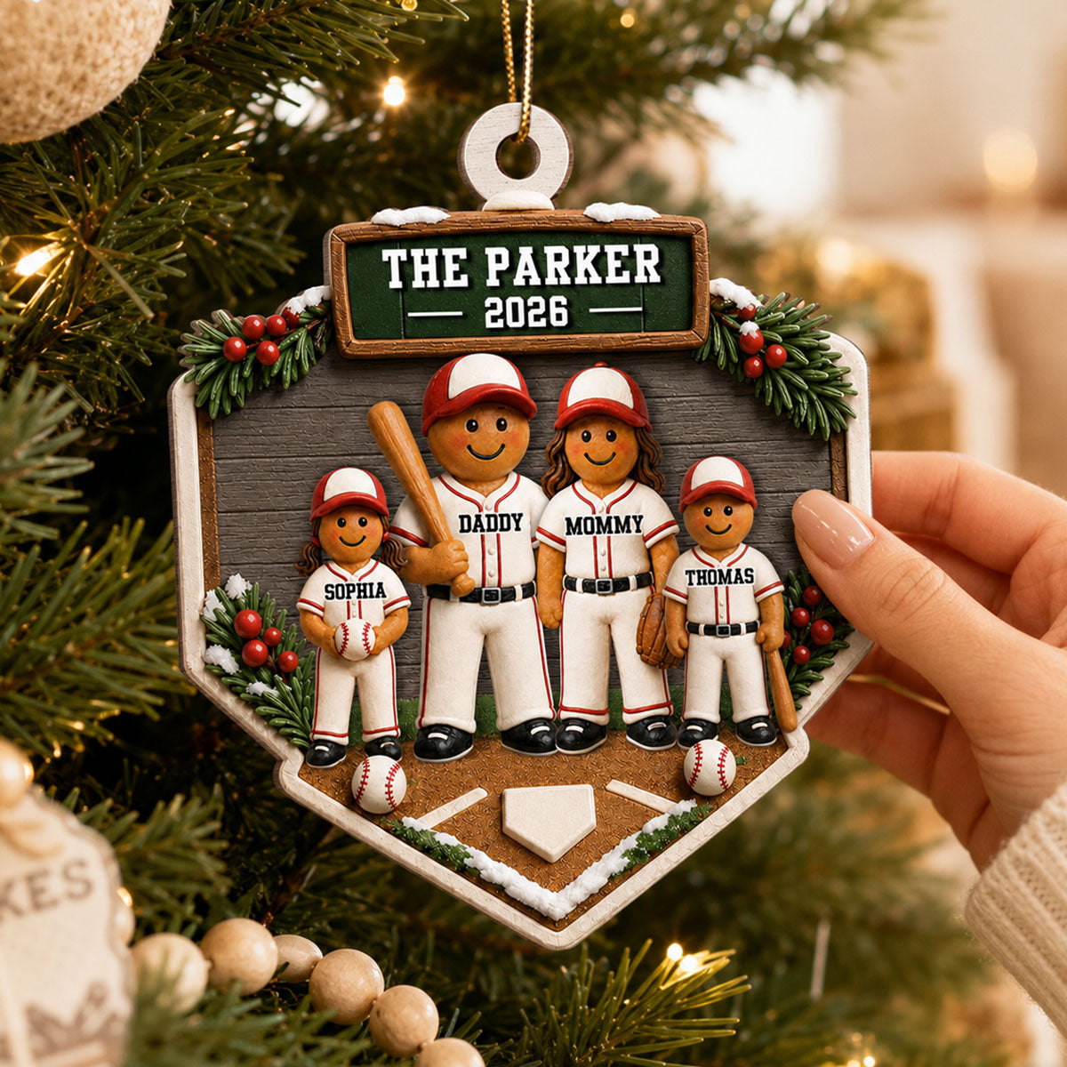 Baseball Gingerbread Family Home Plate 2D Flat - Personalized Wooden Ornament - Sport Lover Christmas Tree Decor, Keepsake