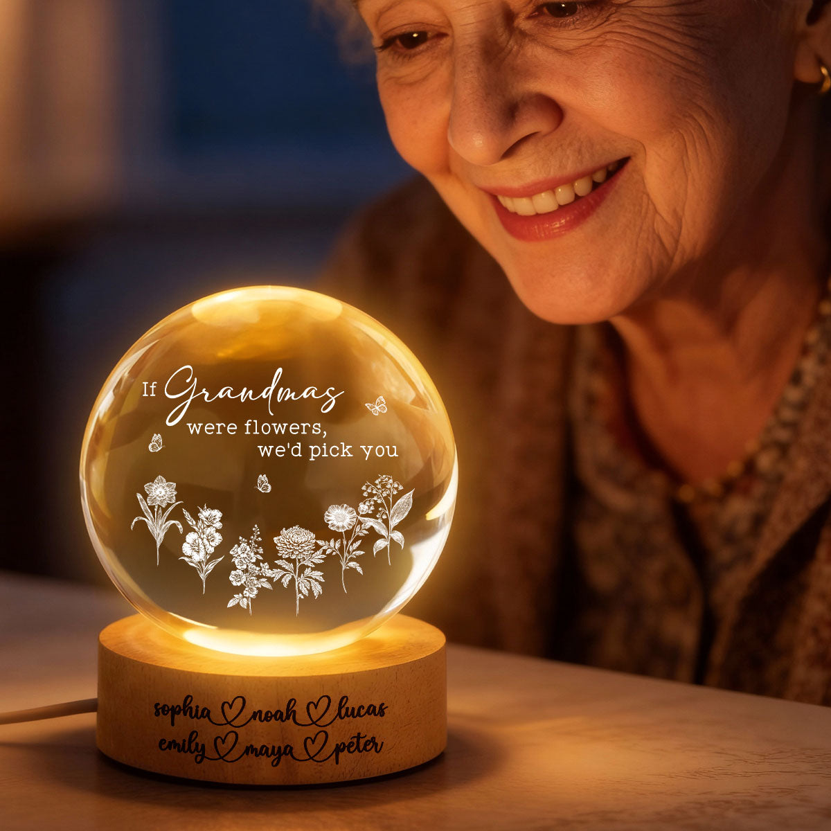 If Grandmas Were Flowers We'd Pick You - Personalized Crystal Ball LED Night Light - Mother's Day Gift for Grandma, Mom