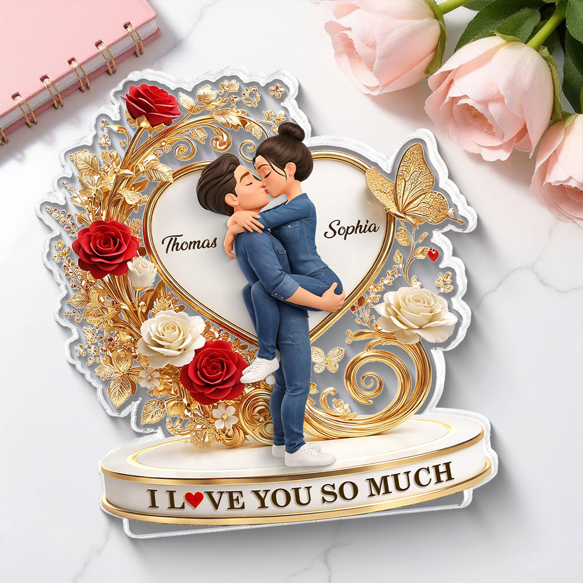 I Love You So Much Golden Heart - Personalized Acrylic Block Plaque - Anniversary, Valentine's Day Gift, Gift For Him, Gift For Her