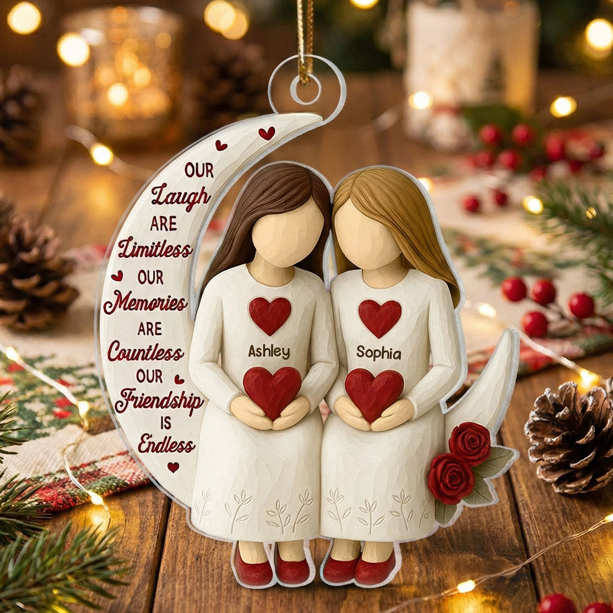 3D Effect Roses Besties On Moon - Personalized Acrylic Ornament - Christmas Gift For Best Friends