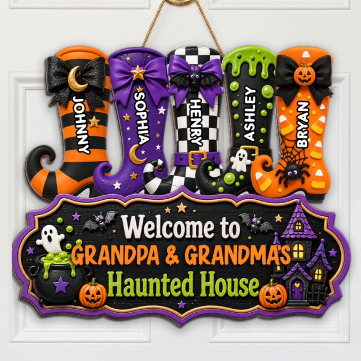 Whimsical Halloween Welcome To Grandma Grandpa Haunted House Witch Boots - Personalized Wood Sign - Halloween Decoration For Grandparents