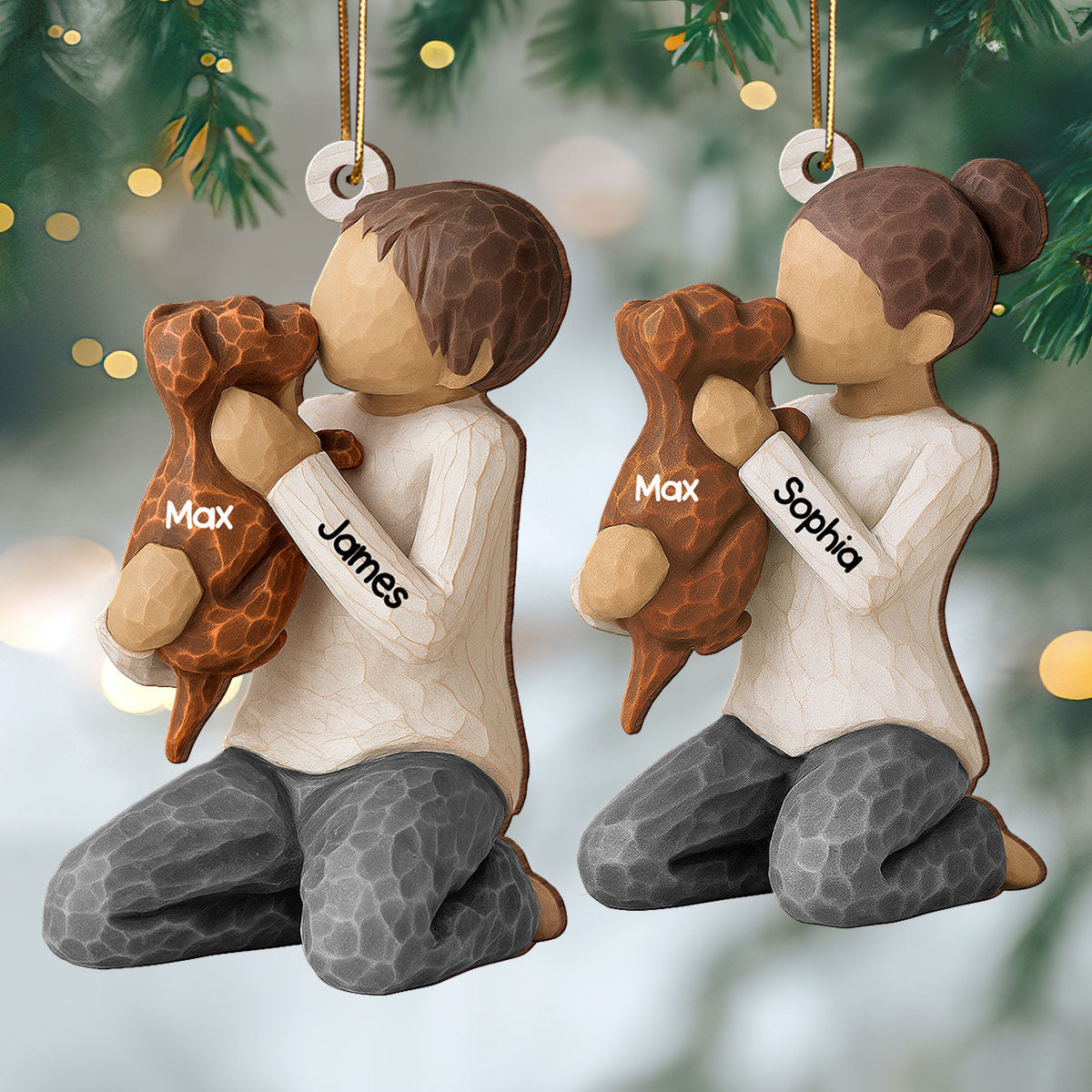 3D Effect Boy Girl Hugging Dog - Personalized Wooden Ornament - Christmas Gift For Dog Lovers