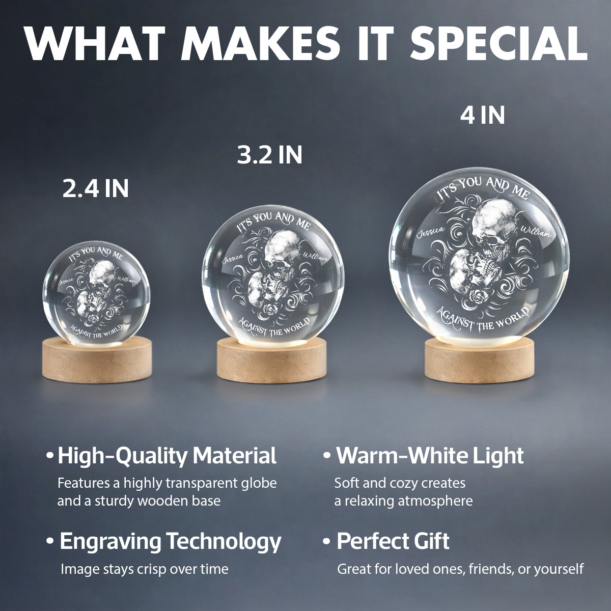 It's You and Me Against the World - Personalized Crystal Ball LED Night Light - Sentimental Valentine's Day Gift for Her, for Him