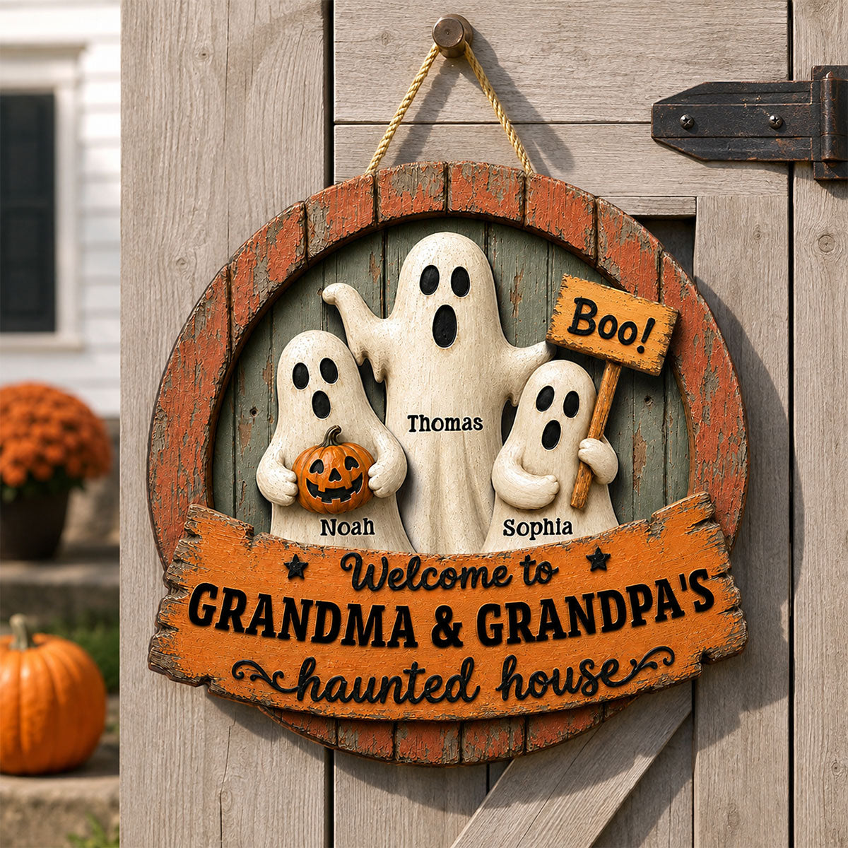 Welcome to Grandma Grandpa's Haunted House - Personalized Door Hanger - Halloween Decor for Grandparents