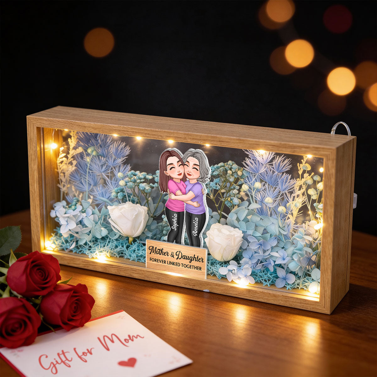 Mom & Daughter Forever Linked Together - Personalized DIY Flower Shadow Box LED Night Light - Gift For Mom, Daughter