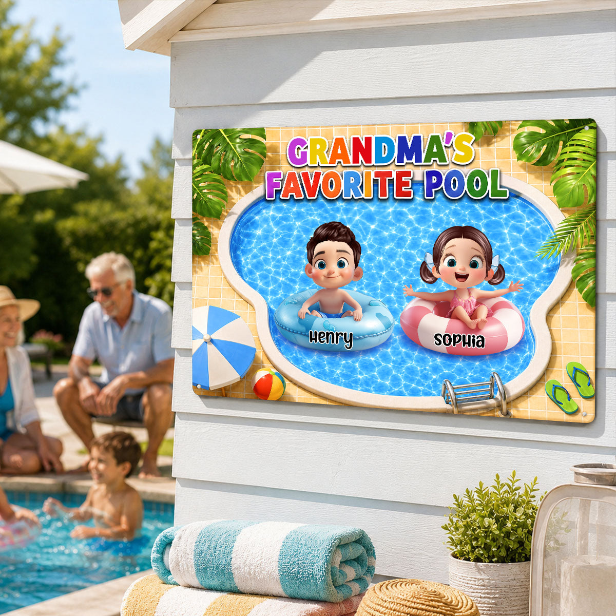 Grandma's Favorite Pool - Personalized Metal Sign - Summer Decor Gift for Grandma, Mom, Wife